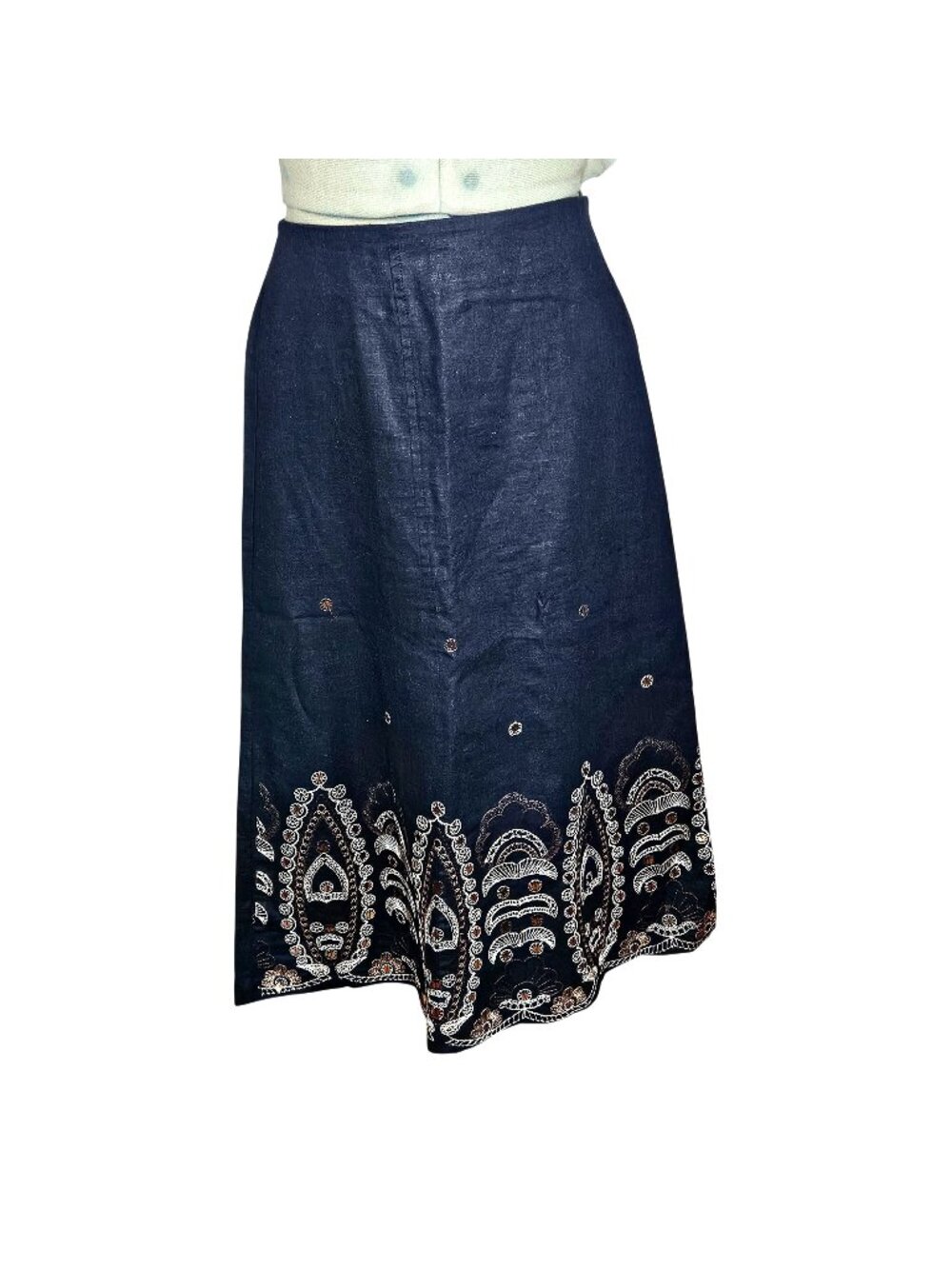 Woman's black linen blend bali boho officecore embroidered print maxi skirt S18
